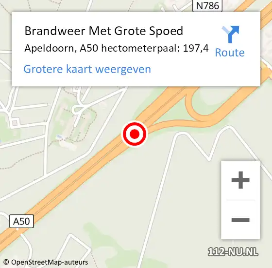 Locatie op kaart van de 112 melding: Brandweer Met Grote Spoed Naar Apeldoorn, A50 hectometerpaal: 197,4 op 27 september 2024 13:17