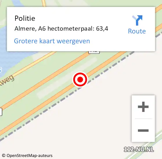 Locatie op kaart van de 112 melding: Politie Almere, A6 hectometerpaal: 63,4 op 27 september 2024 14:45