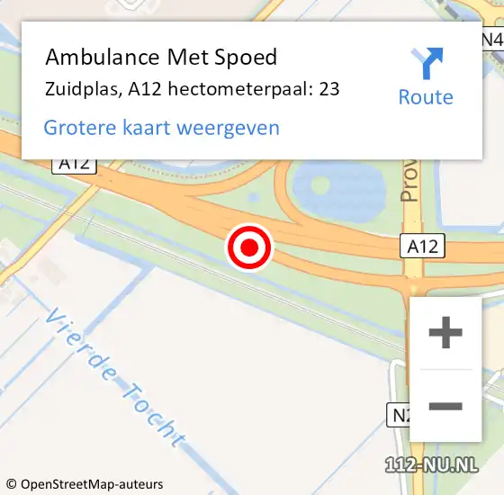 Locatie op kaart van de 112 melding: Ambulance Met Spoed Naar Zuidplas, A12 hectometerpaal: 23 op 27 september 2024 15:07