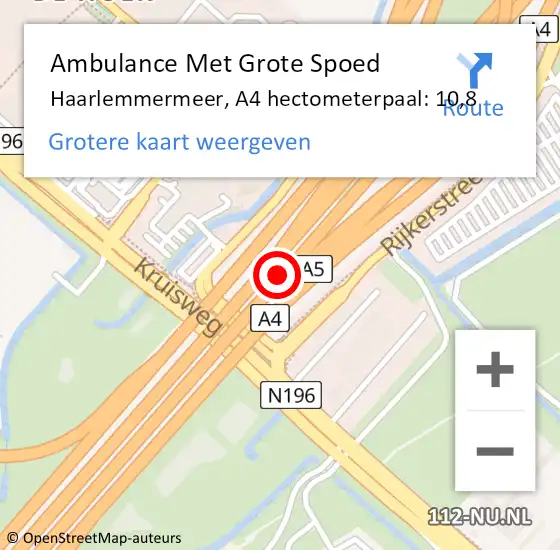 Locatie op kaart van de 112 melding: Ambulance Met Grote Spoed Naar Haarlemmermeer, A4 hectometerpaal: 10,8 op 27 september 2024 15:56