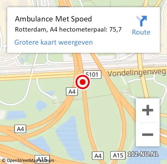 Locatie op kaart van de 112 melding: Ambulance Met Spoed Naar Rotterdam, A4 hectometerpaal: 75,7 op 27 september 2024 16:14