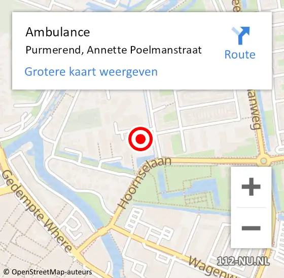 Locatie op kaart van de 112 melding: Ambulance Purmerend, Annette Poelmanstraat op 27 september 2024 16:29