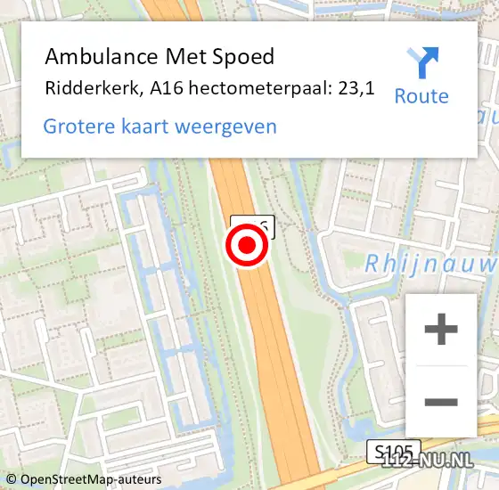 Locatie op kaart van de 112 melding: Ambulance Met Spoed Naar Ridderkerk, A16 hectometerpaal: 23,1 op 27 september 2024 17:14