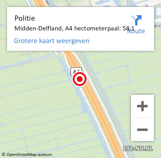 Locatie op kaart van de 112 melding: Politie Midden-Delfland, A4 hectometerpaal: 58,1 op 27 september 2024 17:47