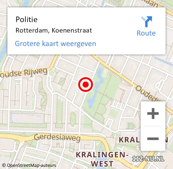 Locatie op kaart van de 112 melding: Politie Rotterdam, Koenenstraat op 27 september 2024 17:59