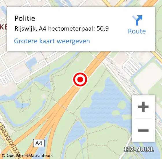 Locatie op kaart van de 112 melding: Politie Rijswijk, A4 hectometerpaal: 50,9 op 27 september 2024 18:13