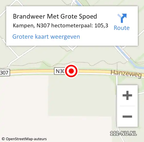 Locatie op kaart van de 112 melding: Brandweer Met Grote Spoed Naar Kampen, N307 hectometerpaal: 105,3 op 27 september 2024 18:15