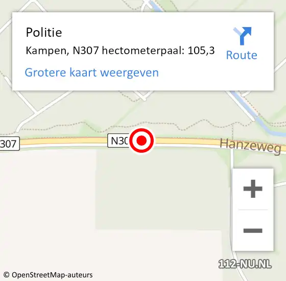 Locatie op kaart van de 112 melding: Politie Kampen, N307 hectometerpaal: 105,3 op 27 september 2024 18:16