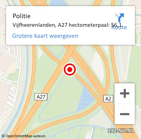 Locatie op kaart van de 112 melding: Politie Vijfheerenlanden, A27 hectometerpaal: 56,1 op 27 september 2024 19:07