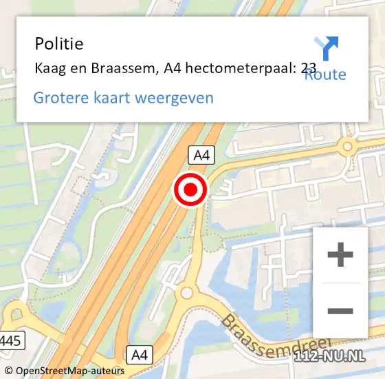 Locatie op kaart van de 112 melding: Politie Kaag en Braassem, A4 hectometerpaal: 23 op 27 september 2024 19:39