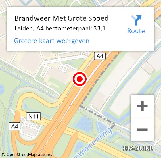 Locatie op kaart van de 112 melding: Brandweer Met Grote Spoed Naar Leiden, A4 hectometerpaal: 33,1 op 27 september 2024 19:42