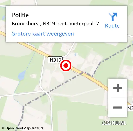 Locatie op kaart van de 112 melding: Politie Bronckhorst, N319 hectometerpaal: 7 op 27 september 2024 20:11