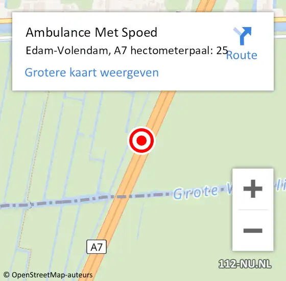 Locatie op kaart van de 112 melding: Ambulance Met Spoed Naar Edam-Volendam, A7 hectometerpaal: 25 op 27 september 2024 20:29