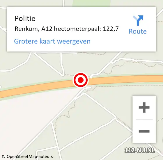 Locatie op kaart van de 112 melding: Politie Renkum, A12 hectometerpaal: 122,7 op 27 september 2024 20:52