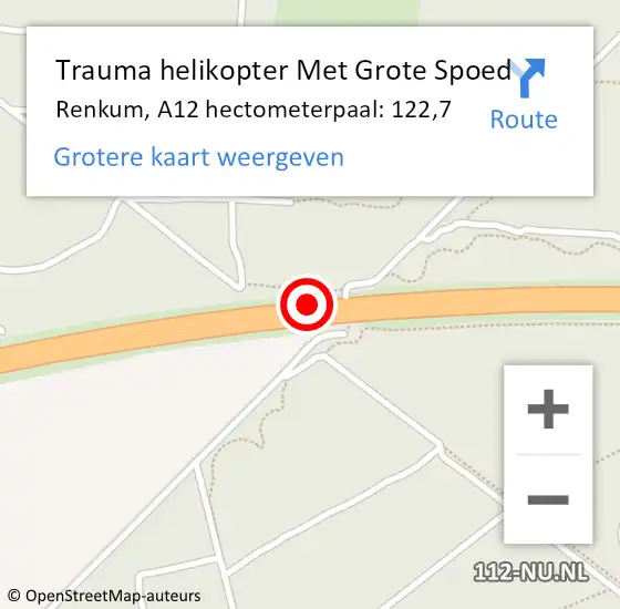 Locatie op kaart van de 112 melding: Trauma helikopter Met Grote Spoed Naar Renkum, A12 hectometerpaal: 122,7 op 27 september 2024 20:56