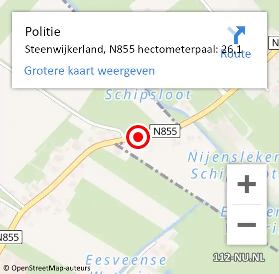 Locatie op kaart van de 112 melding: Politie Steenwijkerland, N855 hectometerpaal: 26,1 op 27 september 2024 21:10