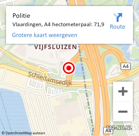 Locatie op kaart van de 112 melding: Politie Vlaardingen, A4 hectometerpaal: 71,9 op 27 september 2024 21:38