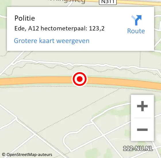 Locatie op kaart van de 112 melding: Politie Ede, A12 hectometerpaal: 123,2 op 27 september 2024 22:37