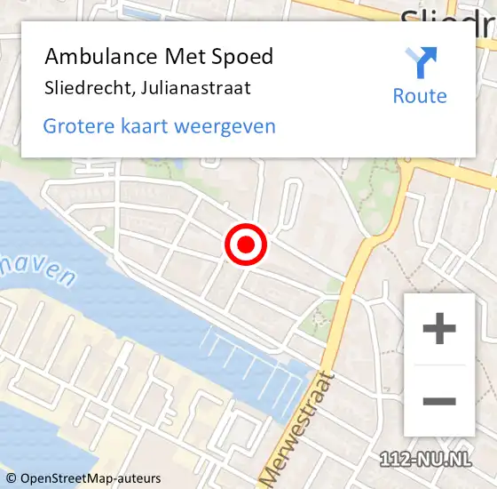 Locatie op kaart van de 112 melding: Ambulance Met Spoed Naar Sliedrecht, Julianastraat op 28 september 2024 00:08