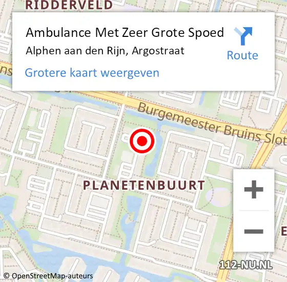 Locatie op kaart van de 112 melding: Ambulance Met Zeer Grote Spoed Naar Alphen aan den Rijn, Argostraat op 28 september 2024 01:35