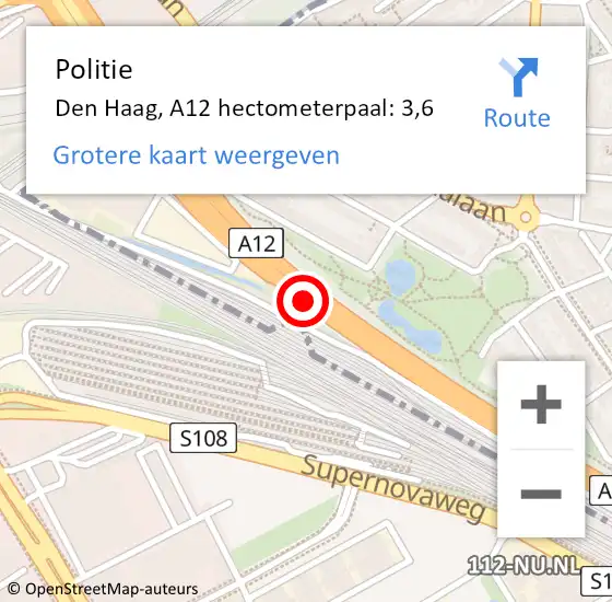 Locatie op kaart van de 112 melding: Politie Den Haag, A12 hectometerpaal: 3,6 op 28 september 2024 03:15