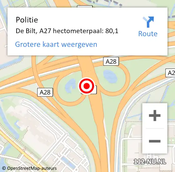 Locatie op kaart van de 112 melding: Politie De Bilt, A27 hectometerpaal: 80,1 op 28 september 2024 08:12