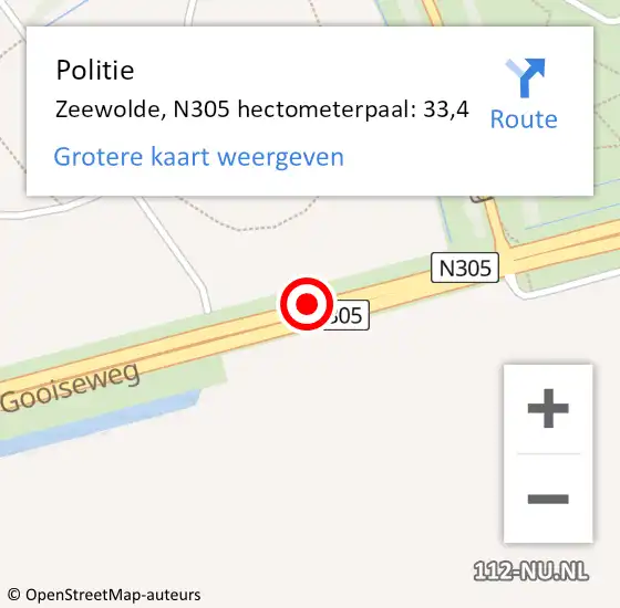 Locatie op kaart van de 112 melding: Politie Zeewolde, N305 hectometerpaal: 33,4 op 28 september 2024 09:43