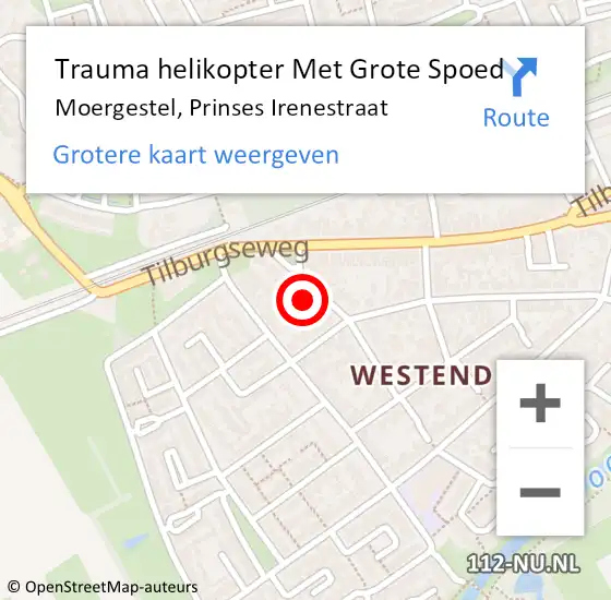 Locatie op kaart van de 112 melding: Trauma helikopter Met Grote Spoed Naar Moergestel, Prinses Irenestraat op 28 september 2024 09:48