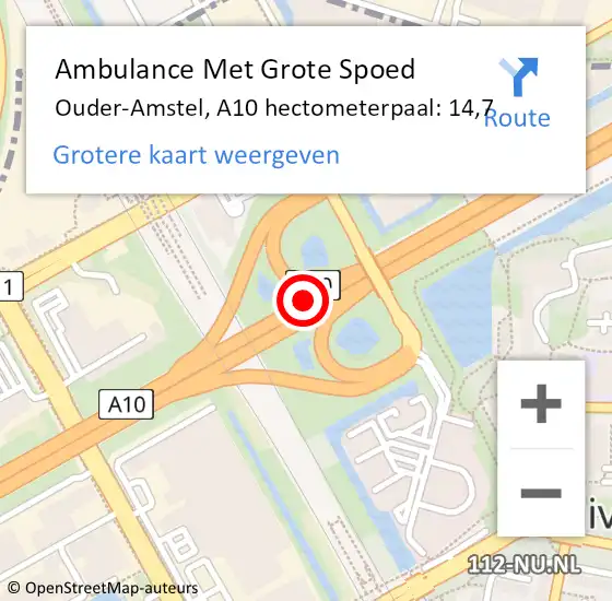 Locatie op kaart van de 112 melding: Ambulance Met Grote Spoed Naar Ouder-Amstel, A10 hectometerpaal: 14,7 op 28 september 2024 10:10