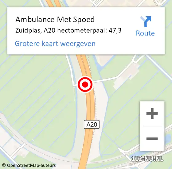 Locatie op kaart van de 112 melding: Ambulance Met Spoed Naar Zuidplas, A20 hectometerpaal: 47,3 op 28 september 2024 10:11