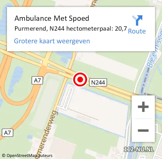 Locatie op kaart van de 112 melding: Ambulance Met Spoed Naar Purmerend, N244 hectometerpaal: 20,7 op 28 september 2024 11:24