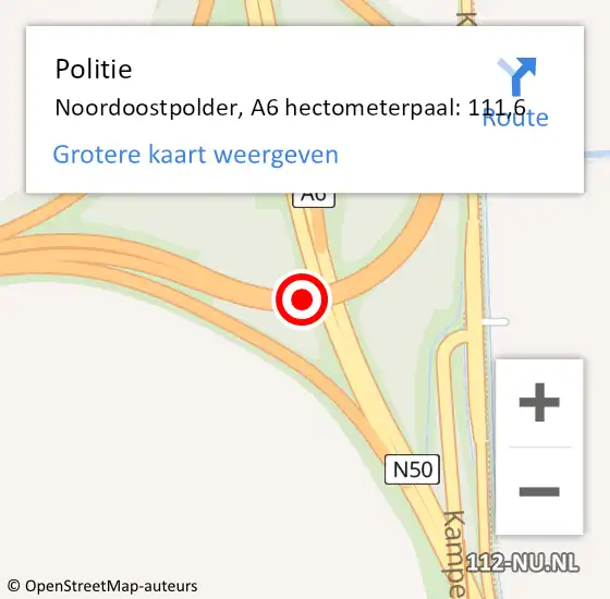 Locatie op kaart van de 112 melding: Politie Noordoostpolder, A6 hectometerpaal: 111,6 op 28 september 2024 13:14