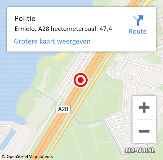 Locatie op kaart van de 112 melding: Politie Zeewolde, A28 hectometerpaal: 47,4 op 28 september 2024 14:05