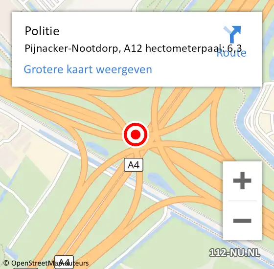 Locatie op kaart van de 112 melding: Politie Pijnacker-Nootdorp, A12 hectometerpaal: 6,3 op 28 september 2024 14:30