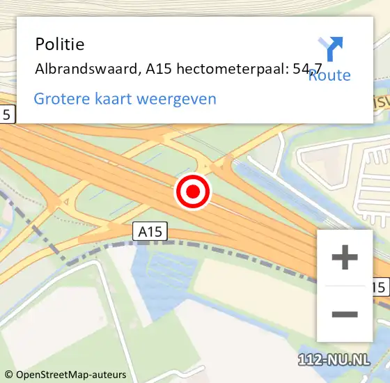 Locatie op kaart van de 112 melding: Politie Albrandswaard, A15 hectometerpaal: 54,7 op 28 september 2024 15:00