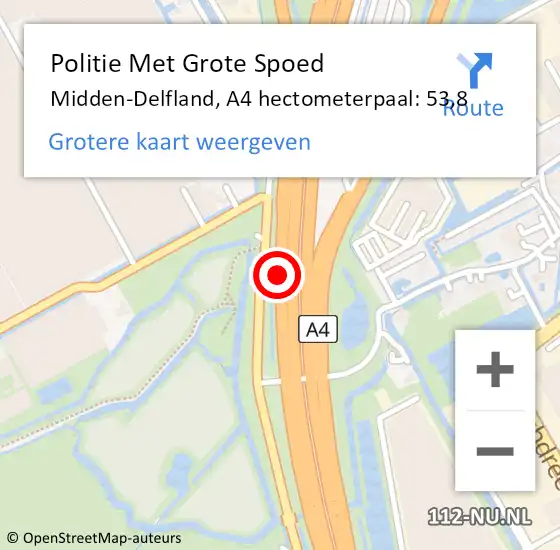 Locatie op kaart van de 112 melding: Politie Met Grote Spoed Naar Midden-Delfland, A4 hectometerpaal: 53,8 op 28 september 2024 15:02