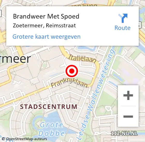 Locatie op kaart van de 112 melding: Brandweer Met Spoed Naar Zoetermeer, Reimsstraat op 28 september 2024 15:02