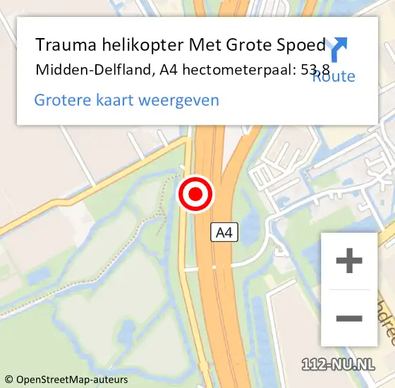 Locatie op kaart van de 112 melding: Trauma helikopter Met Grote Spoed Naar Midden-Delfland, A4 hectometerpaal: 53,8 op 28 september 2024 15:03