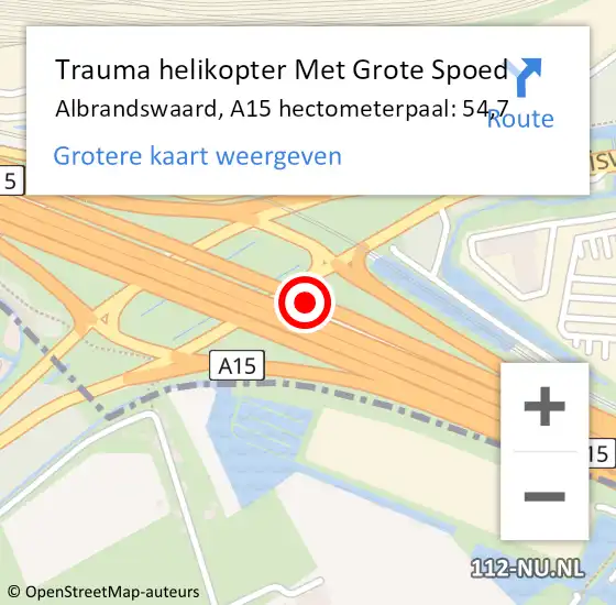 Locatie op kaart van de 112 melding: Trauma helikopter Met Grote Spoed Naar Albrandswaard, A15 hectometerpaal: 54,7 op 28 september 2024 15:21