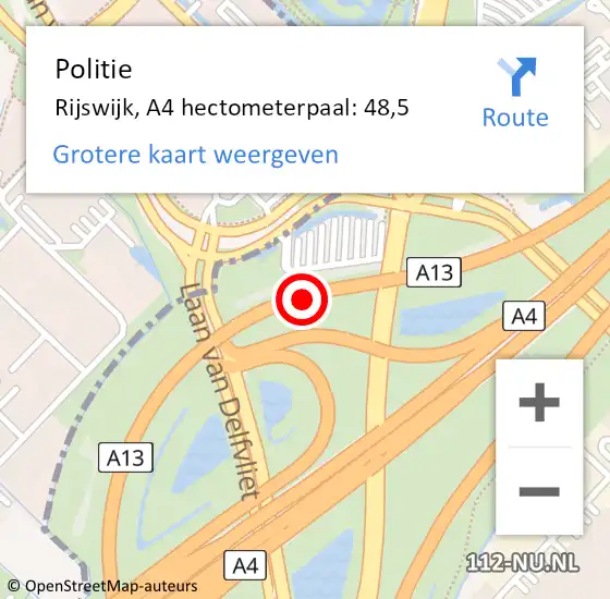 Locatie op kaart van de 112 melding: Politie Rijswijk, A4 hectometerpaal: 48,5 op 28 september 2024 15:23