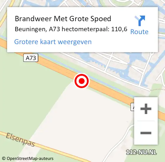 Locatie op kaart van de 112 melding: Brandweer Met Grote Spoed Naar Beuningen, A73 hectometerpaal: 110,6 op 28 september 2024 17:08