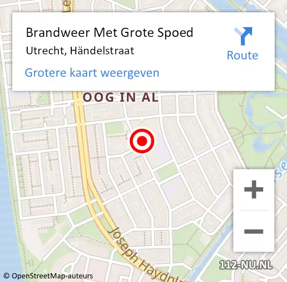 Locatie op kaart van de 112 melding: Brandweer Met Grote Spoed Naar Utrecht, Händelstraat op 28 september 2024 20:44