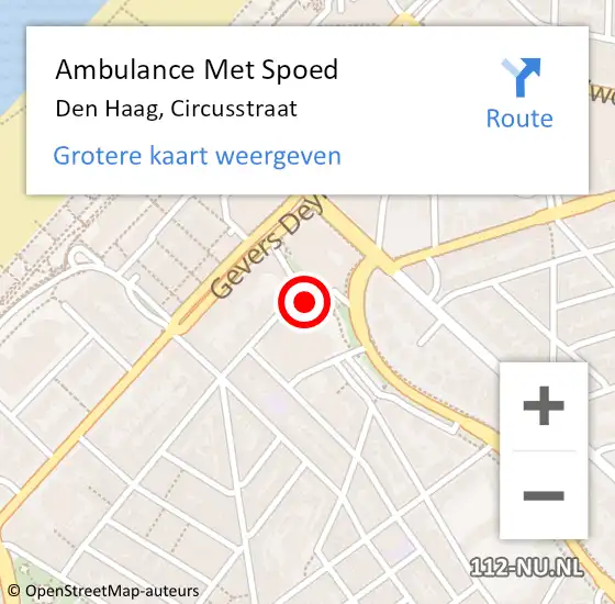 Locatie op kaart van de 112 melding: Ambulance Met Spoed Naar Den Haag, Circusstraat op 28 september 2024 21:27