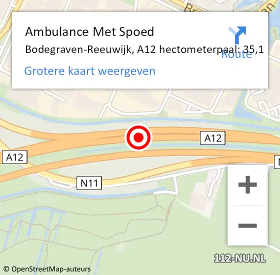 Locatie op kaart van de 112 melding: Ambulance Met Spoed Naar Bodegraven-Reeuwijk, A12 hectometerpaal: 35,1 op 28 september 2024 21:49