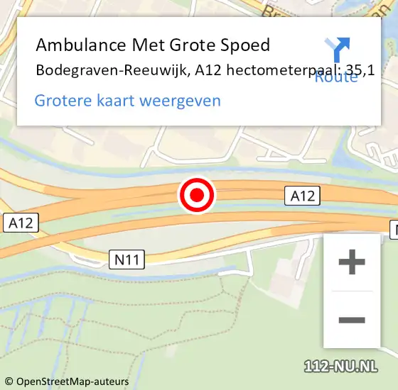 Locatie op kaart van de 112 melding: Ambulance Met Grote Spoed Naar Bodegraven-Reeuwijk, A12 hectometerpaal: 35,1 op 28 september 2024 22:20