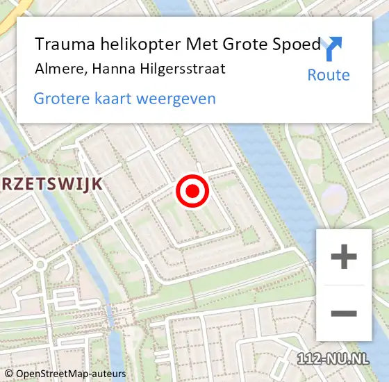 Locatie op kaart van de 112 melding: Trauma helikopter Met Grote Spoed Naar Almere, Hanna Hilgersstraat op 28 september 2024 22:47