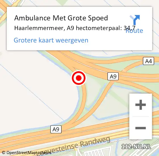 Locatie op kaart van de 112 melding: Ambulance Met Grote Spoed Naar Haarlemmermeer, A9 hectometerpaal: 34,7 op 28 september 2024 22:53