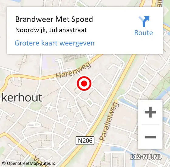 Locatie op kaart van de 112 melding: Brandweer Met Spoed Naar Noordwijk, Julianastraat op 28 september 2024 22:57