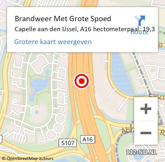 Locatie op kaart van de 112 melding: Brandweer Met Grote Spoed Naar Capelle aan den IJssel, A16 hectometerpaal: 19,3 op 28 september 2024 23:22