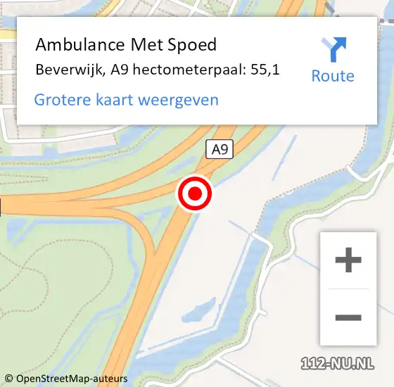 Locatie op kaart van de 112 melding: Ambulance Met Spoed Naar Beverwijk, A9 hectometerpaal: 55,1 op 28 september 2024 23:38